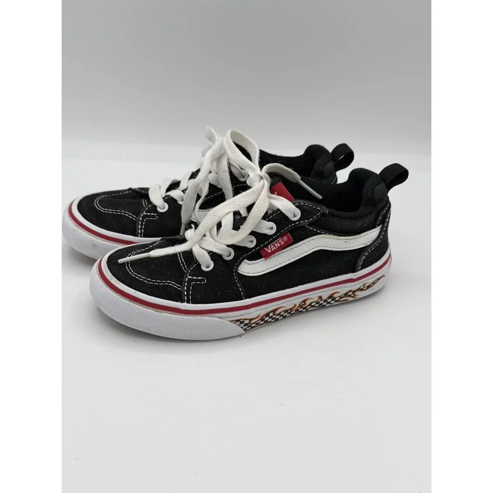 Vans Filmore Kids Low Top Flame Check Sidewall Black Skate Shoes Sneakers Sz 12
